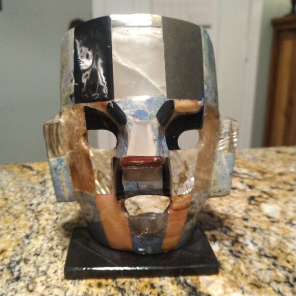 Mayan Death Mask Mother Pearl Onyx Abalone Burial Mosaic Sculpture Folk Art - Picture 7 of 11